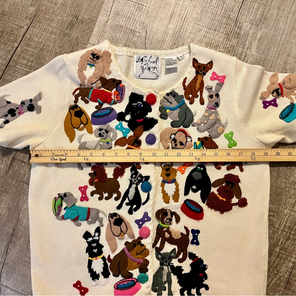 Vintage Michael Simon Dog Cardigan Sweater M Novelty Appliqué Grandmacore - Picture 8 of 12